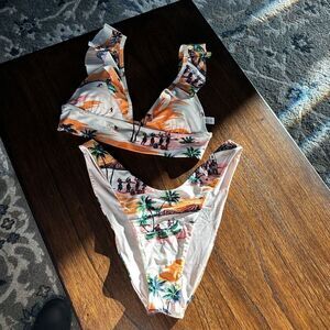 Aerie Ruffle seaside Town Print Bikini Top Large Bottom XL